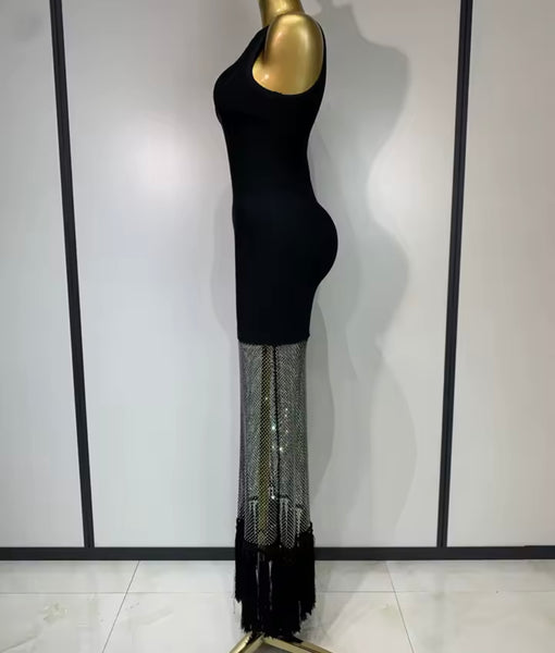Women Sexy Sleeveless Black Mesh Fringe Maxi Dress