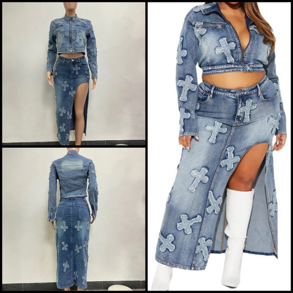 Women Fashion Printed Two Piece Denim Jacket Maxi Skirt Set