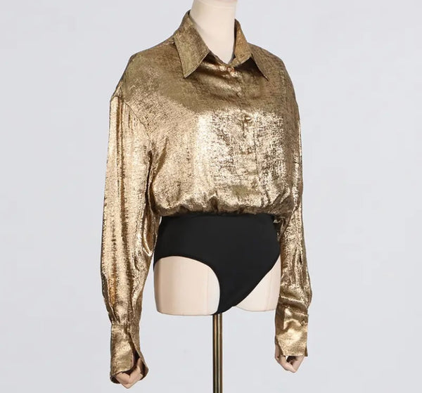 Women Fashion Metallic Button Up Bodysuit Two Piece Short Set