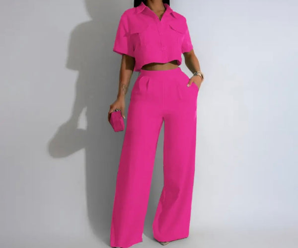 Women Button Up Short Sleeve Fashion Two Piece Pant Set