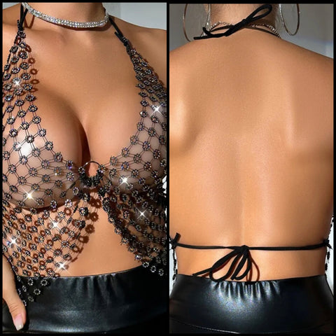 Women Sexy See Through Bling Halter Sleeveless Crop Top