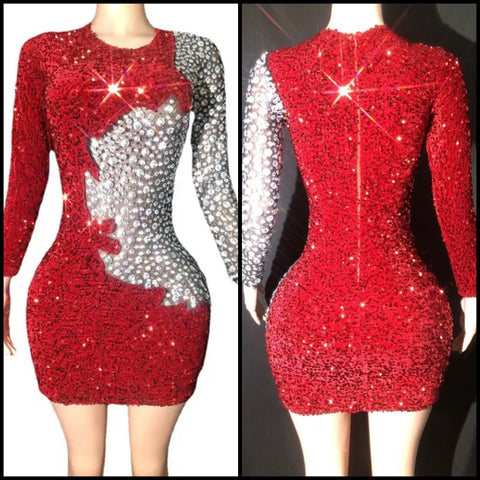 Women Sexy Red Sequins Bling Patchwork Full Sleeve Dress