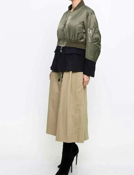 Women Fashion Color Patchwork Zip Up Trench Jacket