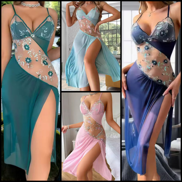 Women Sexy Sleeveless Floral Mesh Side Split Nightgown Lingerie