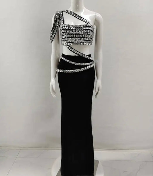 Women Sexy Sleeveless Rhinestone Two Piece Maxi Skirt Set