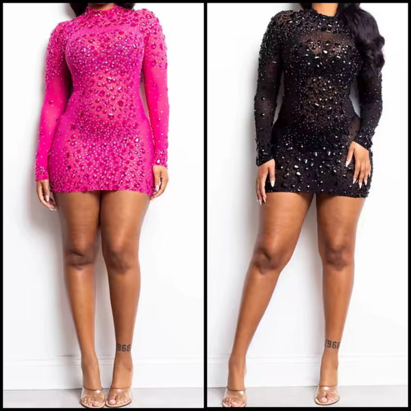 Women Sexy Crystal Mesh Full Sleeve Dress