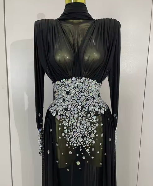 Women Sexy Rhinestone See Through Ruched Mesh Maxi Dress