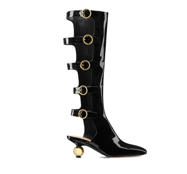 Women Black Fashion Gold Buckled Patent Leather Ankle/Knee High Boots
