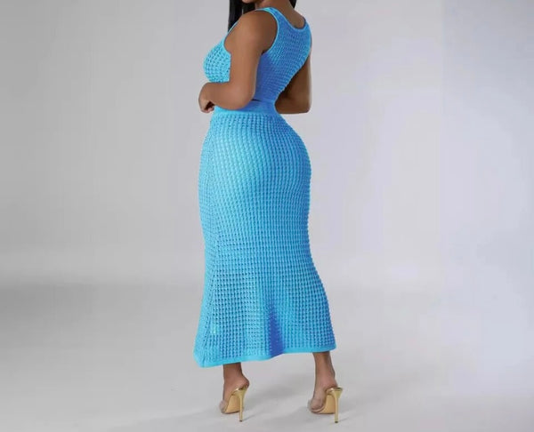 Women Sexy Knitted Sleeveless Two Piece Maxi Skirt Set