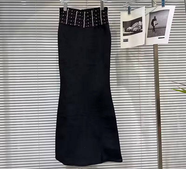 Women Fashion Pearl Full Sleeve Two Piece Maxi Skirt Set