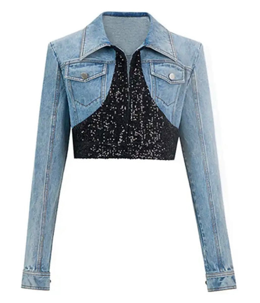 Women Fashion Faux Leather Sequins Two Piece Denim Jacket Skirt Set