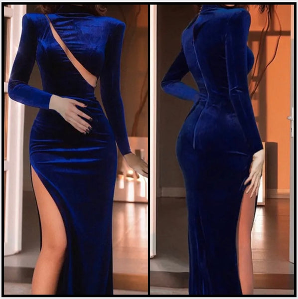 Women Sexy Blue Full Sleeve Mesh Patchwork Velour Maxi Dress
