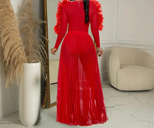 Women Sexy Full Sleeve Ruffled Mesh Maxi Dress