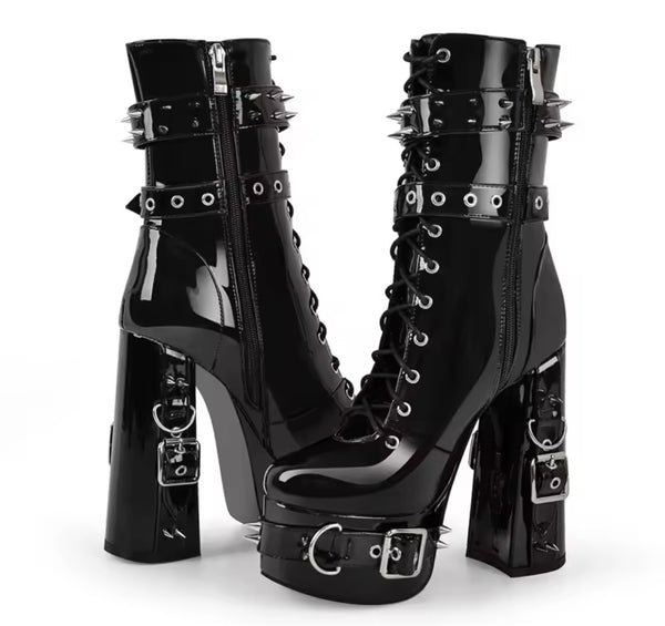 Women Black Fashion Patent Leather Platform Buckled Spiked Ankle Boots