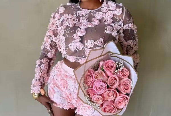 Women Pink Floral Sexy Mesh Full Sleeve Two Piece Short Set