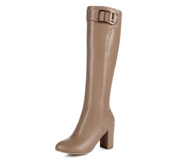 Women Fashion Faux Leather Buckled Knee High Boots