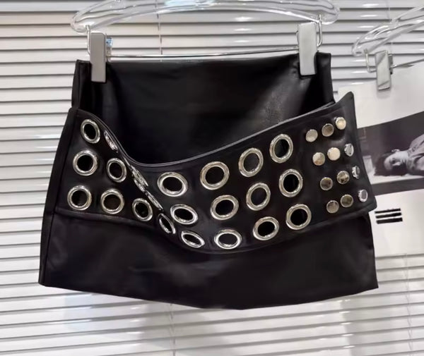 Women Sexy Fashion Metal Ring Belted Faux Leather Skirt