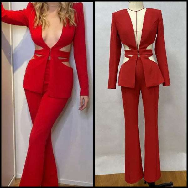 Women Red Sexy Full Sleeve Blazer Two Piece Pant Set
