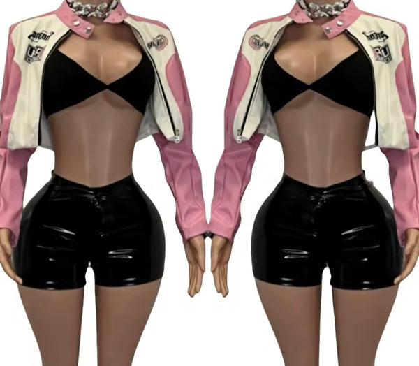 Women Fashion Color Patchwork Three Piece Faux Leather Short Set