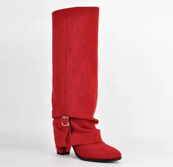 Women Fashion Red Suede Ruched Buckle Knee High Boots