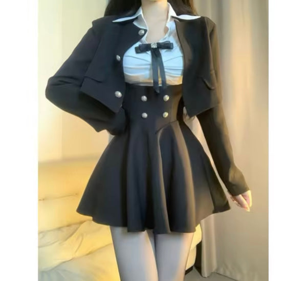 Women Sexy Button Three Piece Blazer Skirt Set