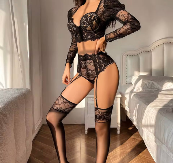 Women Sexy Black Lace Full Sleeve Lingerie Set