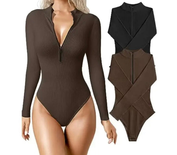 Women Fashion Ribbed Front Zipper Full Sleeve Bodysuit Top