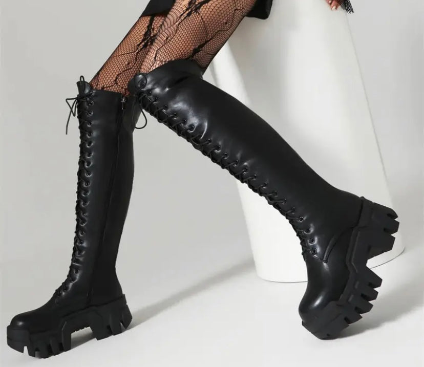 Women Black Faux/Patent Leather Lace Up Platform Knee High Boots