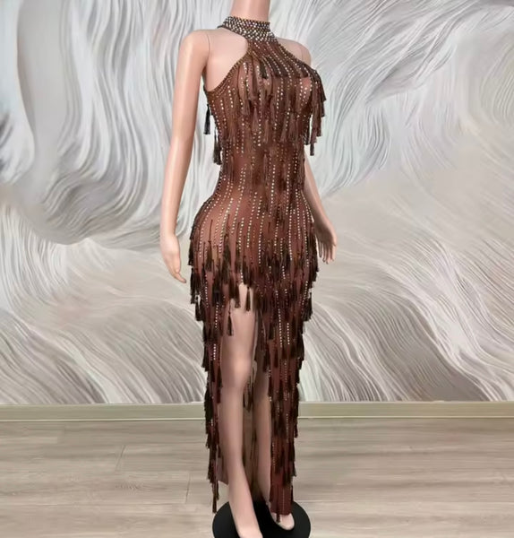 Women Sexy Brown Rhinestone Tassel Mesh Maxi Dress