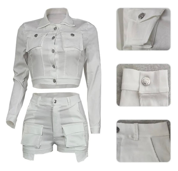 Women Fashion Button Up Full Sleeve Two Piece Cargo Short Set