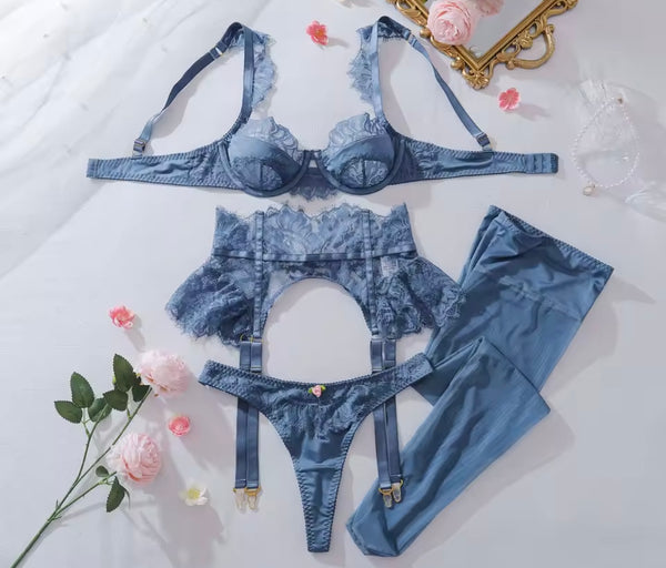 Women Sexy Blue Lace Lingerie Set