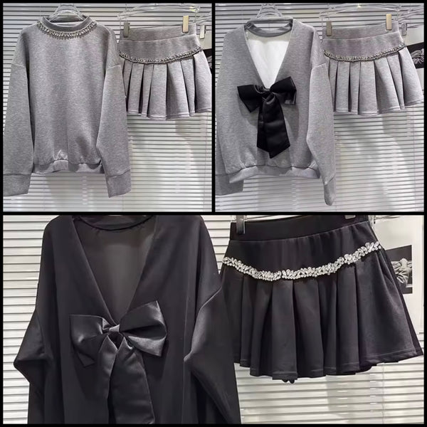 Women Rhinestone Bow Open Back Sweater Two Piece Skirt Set