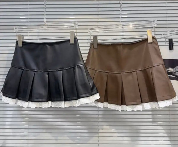Women Sexy Fashion Faux Leather Lace Patchwork Pleated Skirt