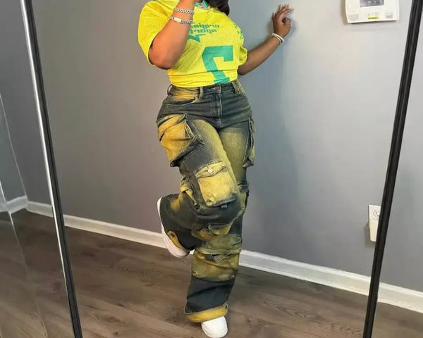 Women Fashion Yellow Paint Patchwork Cargo Denim Pants