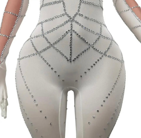 Women Sexy Glove Full Sleeve Rhinestone Patchwork Jumpsuit