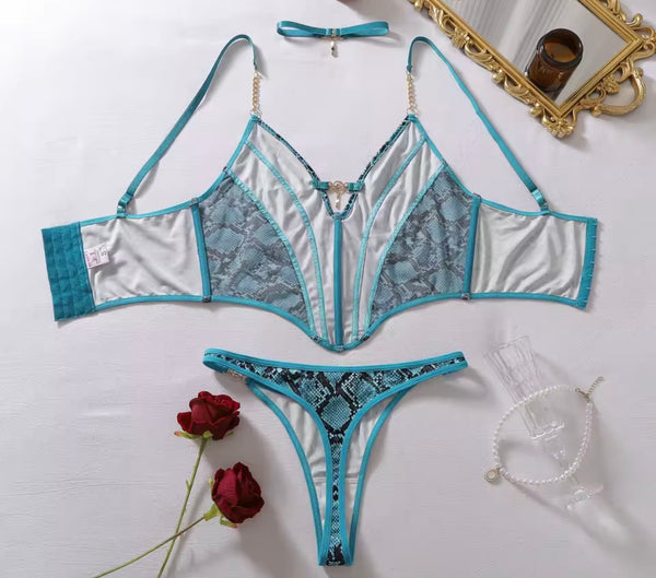 Women Sexy Blue Animal Print Choker Lingerie Set