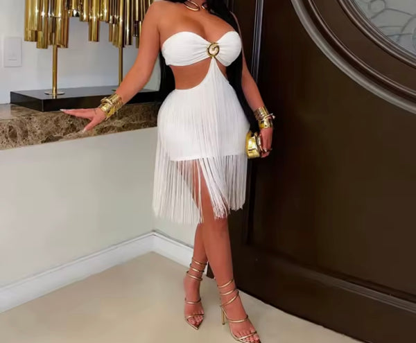 Sexy Strapless Open Back Cut Out Fringe Tassel Dress