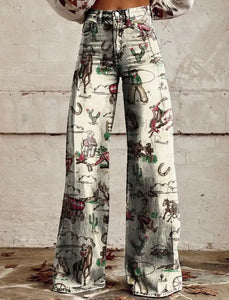 Women Fashion Colorful Print Wide Leg Pants