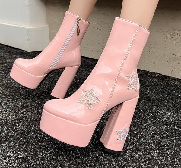 Women Fashion Star Patent Leather Platform High Heel Ankle Boots