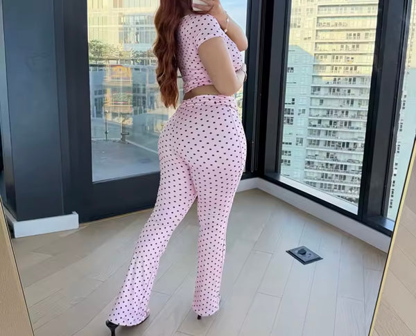 Women Fashion Polka Dot Headband Three Piece Pant Set