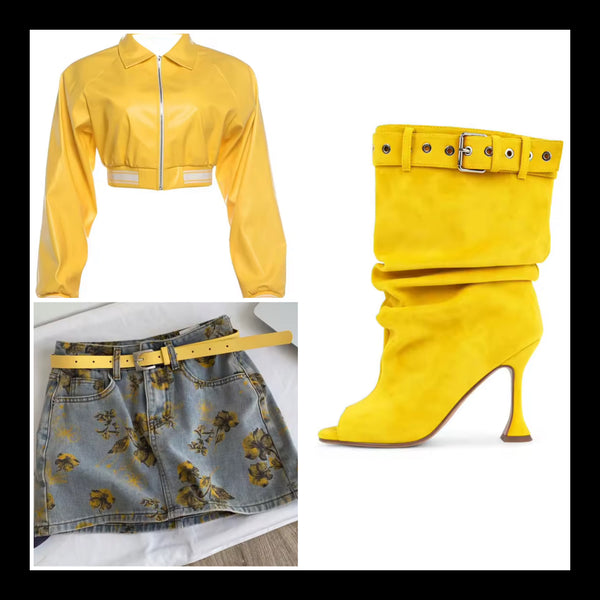 Women Color Open Toe Suede Buckle Ruched High Heel Boots