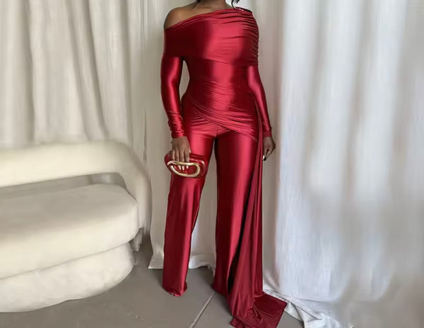 Women Off The Shoulder Full Sleeve Ruche Tassel Jumpsuit