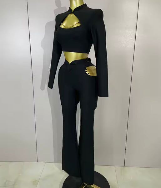 Women Black Chain Cut Out Full Sleeve Crop Two Piece Pant Set