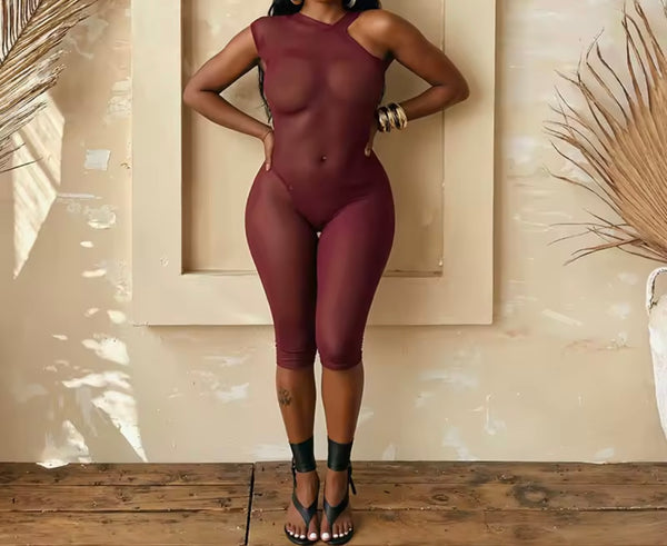 Women Sexy See Through Mesh One Shoulder Sleeveless Romper