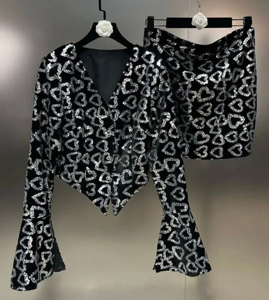 Women Sexy Sequins Heart Print Two Piece Full Sleeve Skirt Set