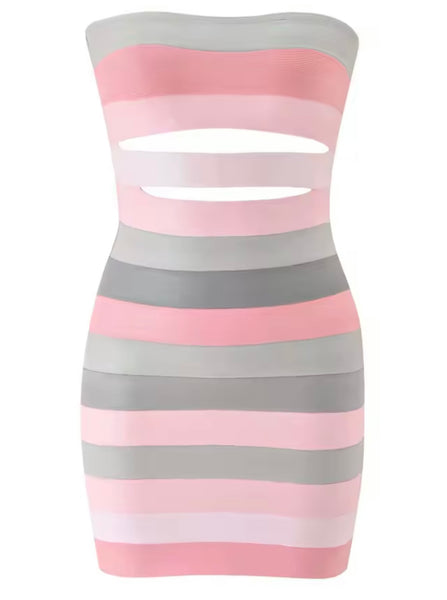 Women Sexy Striped Strapless Faux Leather Dress