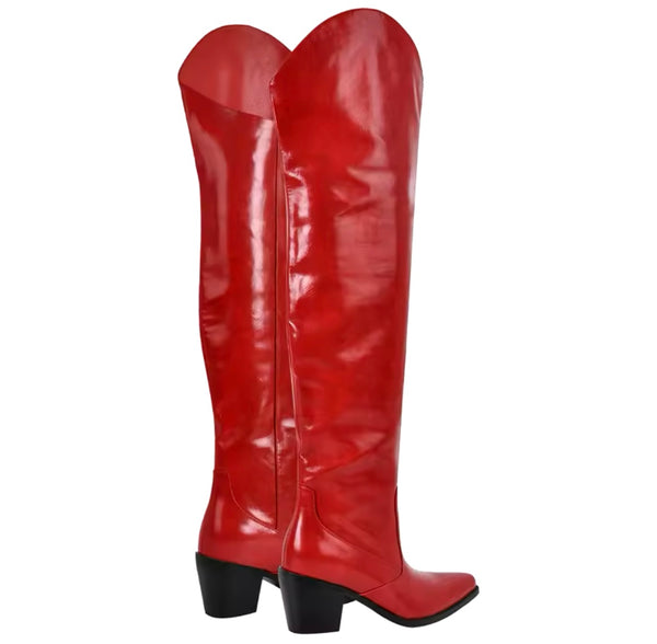 Women Red Fashion Faux Leather Knee High Western Boots