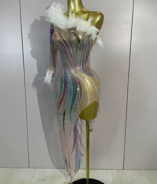 Women Sexy One Shoulder Feather Colorful Rhinestone Dress