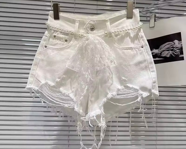 Women White Ripped Fashion Denim Shorts
