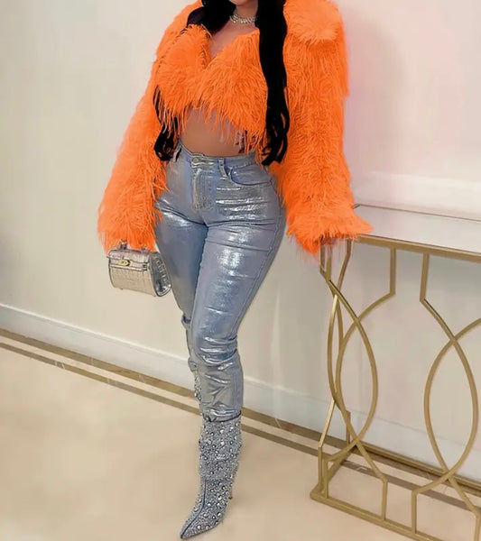 Women Solid Color Faux Fur Full Sleeve Crop Top